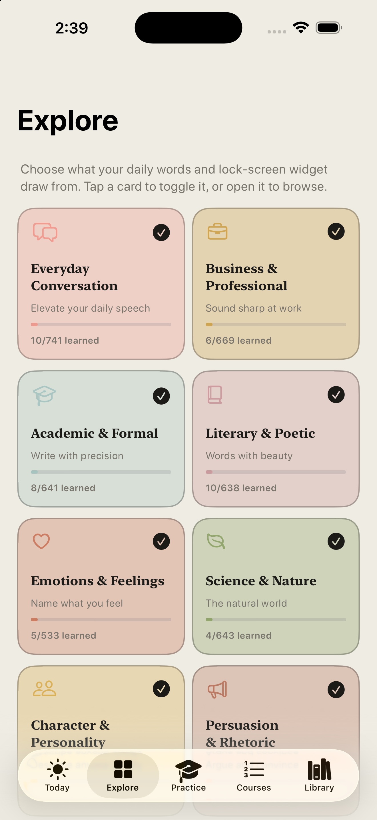 Wordkin Explore screen showing colorful language categories