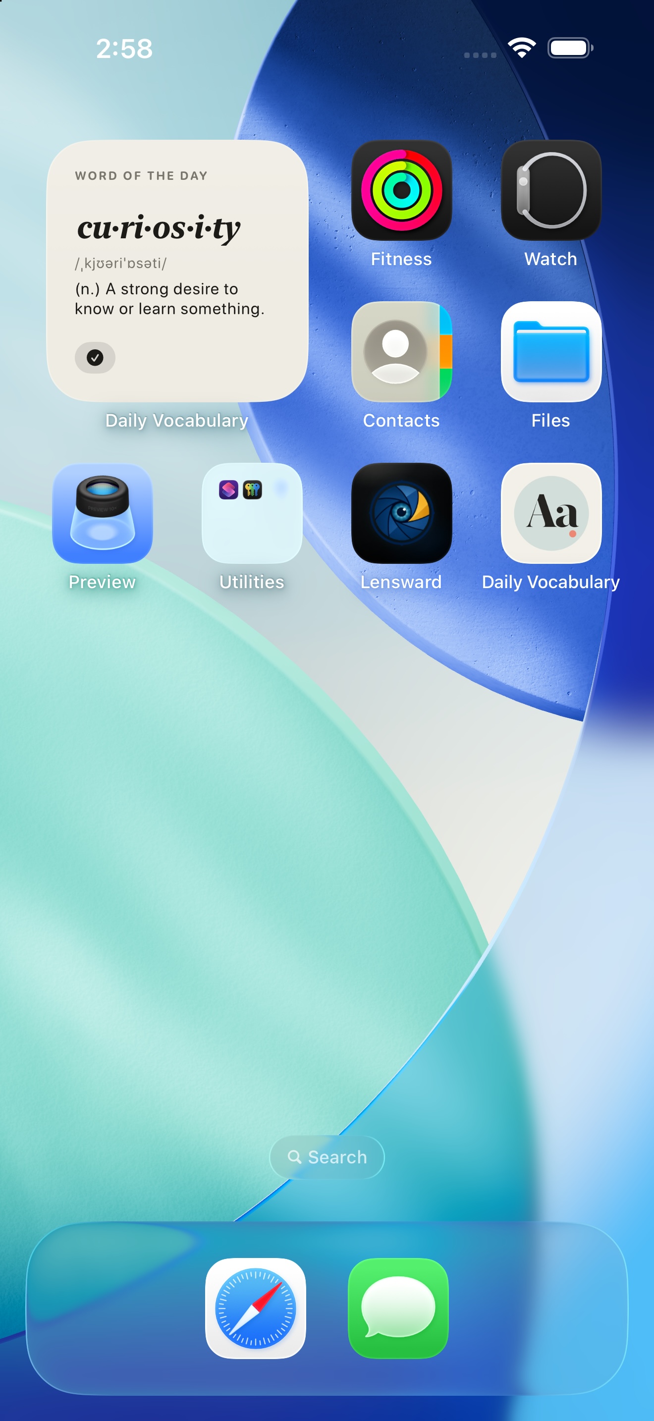 Wordkin's real Home Screen widget showing the word curiosity and a mark-known control