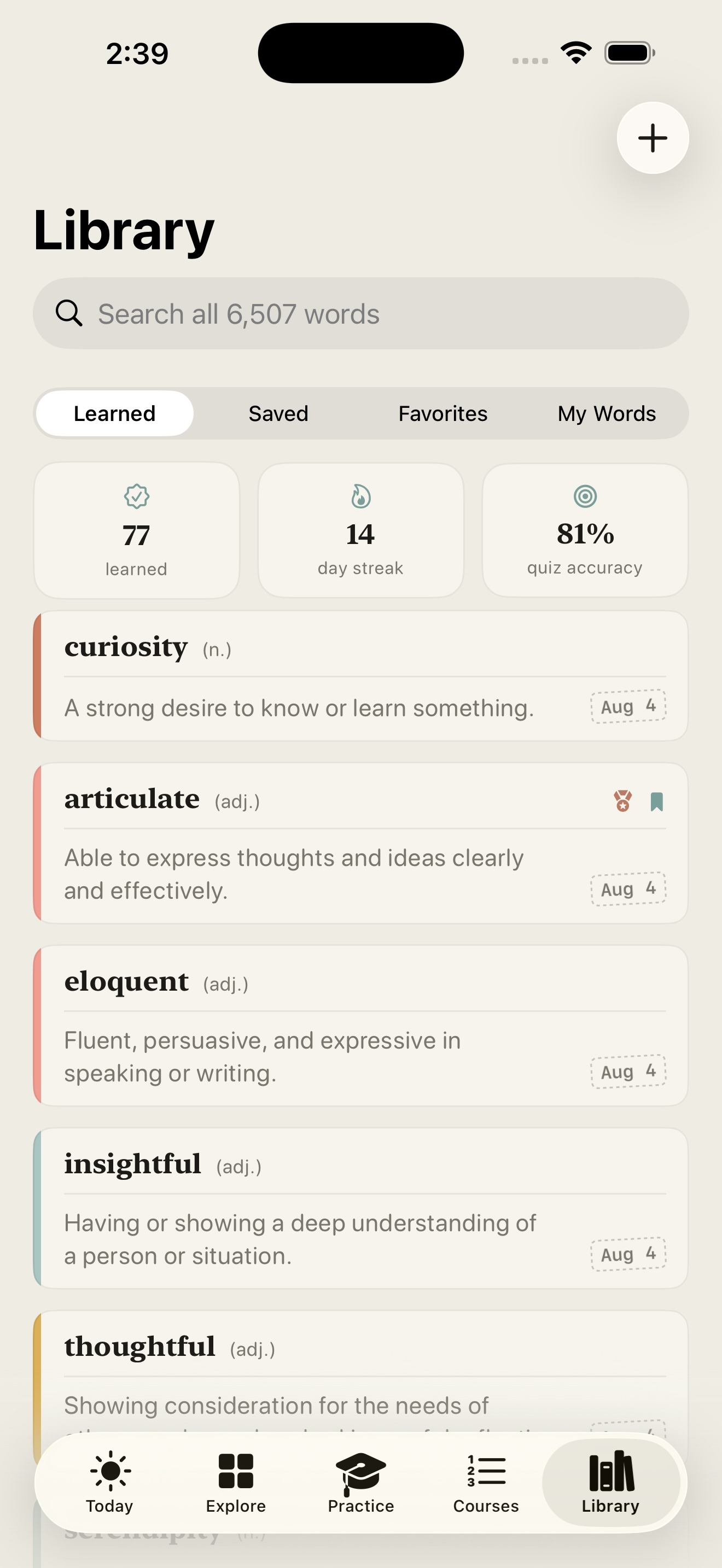 Wordkin library showing search, learning stats, and safe, relevant saved word collections